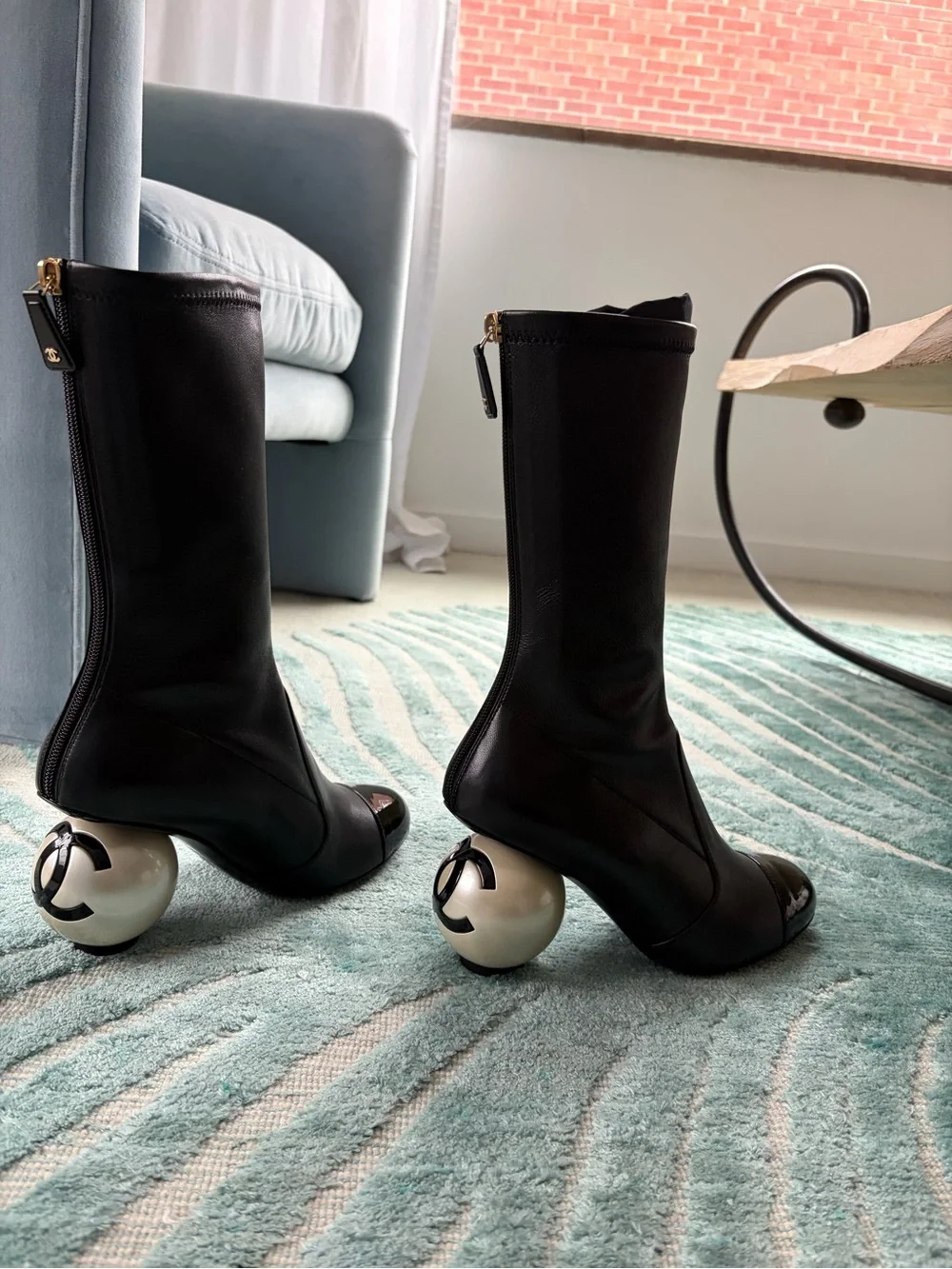 CHANEL 25K Pearl Ball Heel CC Logo Stretch Black Leather Mid Calf Boots 38.5 NIB